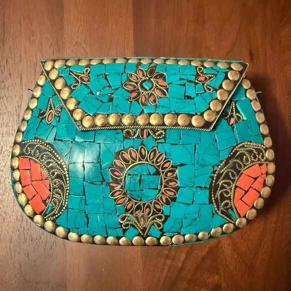 $139 MSRP - Ramla JEWEL Bag - TEAL & ORANGE Mosaic Tiles Handmade in Morocco - Picture 5 of 8